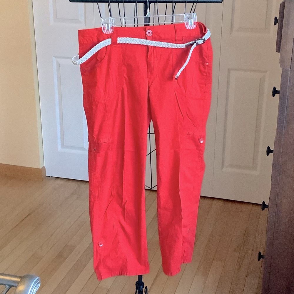 Utility Capri Pants adjustable to short or longer length with buttons.